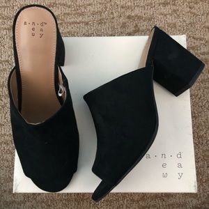 Black Suede Block Heel Mule with open toe
